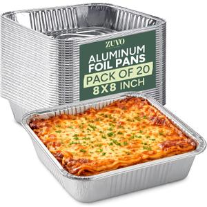 Zuvo 8x8 Aluminum Foil Pans (20 Pack) Disposable Square Baking Pans for Cooking, Roasting, Meal Prep & Freezer Storage Heavy Duty Tin Foil Trays, Oven & Air Fryer Safe [Without Lids]