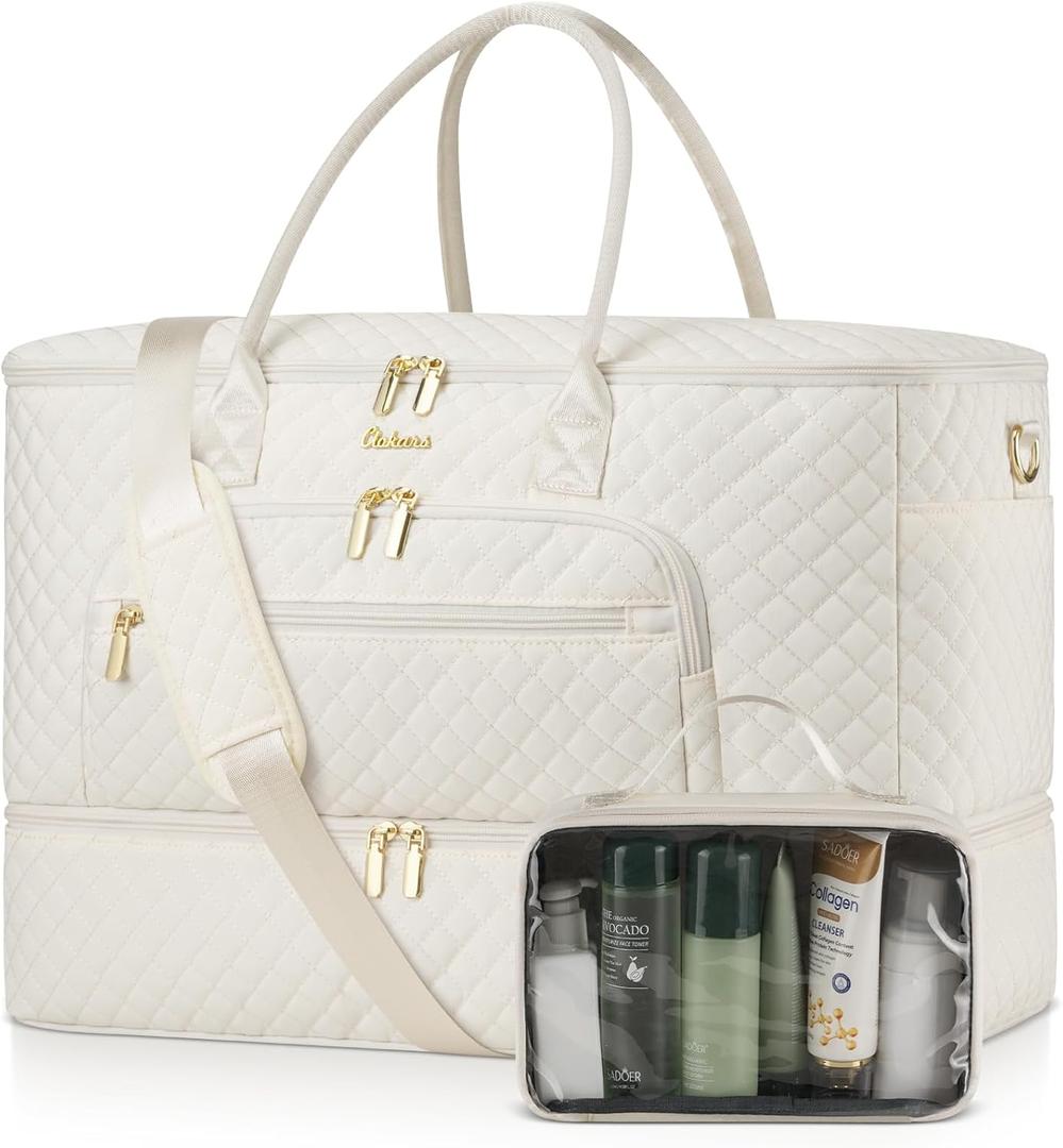 CLOKARS Travel Duffle Bag, Wide Open Large Weekender Bag for Women with Shoe Compartment, Carry on Overnight Bags with Toiletry Bag, Hospital Bag for Women Labor Delivery with Wet Pocket (Beige)