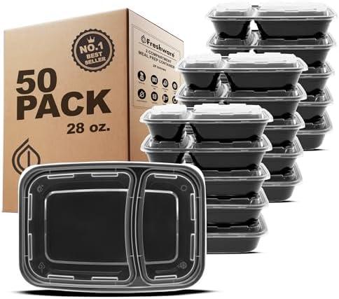 Freshware Meal Prep Containers [50 Pack] 2 Compartment with Lids, Food Storage Containers, Bento Box, BPA Free, Stackable, Microwave/Dishwasher/Freezer Safe (28 oz)