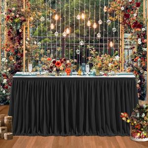 12ft Black Table Skirts for Rectangle Tables Polyester Table Skirt Desk Skirts Ruffle Tablecloth Skirt for Birthday Party Banquet Black Theme Party Wedding Bridal Shower Table Decorations (144" x 30" (12FT))