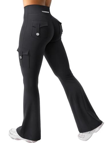 YEOREO CoreFlex Women Workout Flare Leggings with Pockets Hidden Scrunch High Waisted Cargo Gym Yoga Leggings Black