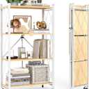 4-Tier Foldable Shelf with Wheels, Wood-Grain Steel Shelves