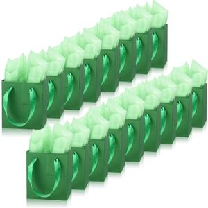 Tenare 12 Pcs Small Gift Bags Mini Paper Bags Bulk Tiny with Handle Tissue for Jewelry Gift Wrapping Happy Mother's Father's Day Birthday Graduation Party Supply(7 * 4 * 9inch,Green)