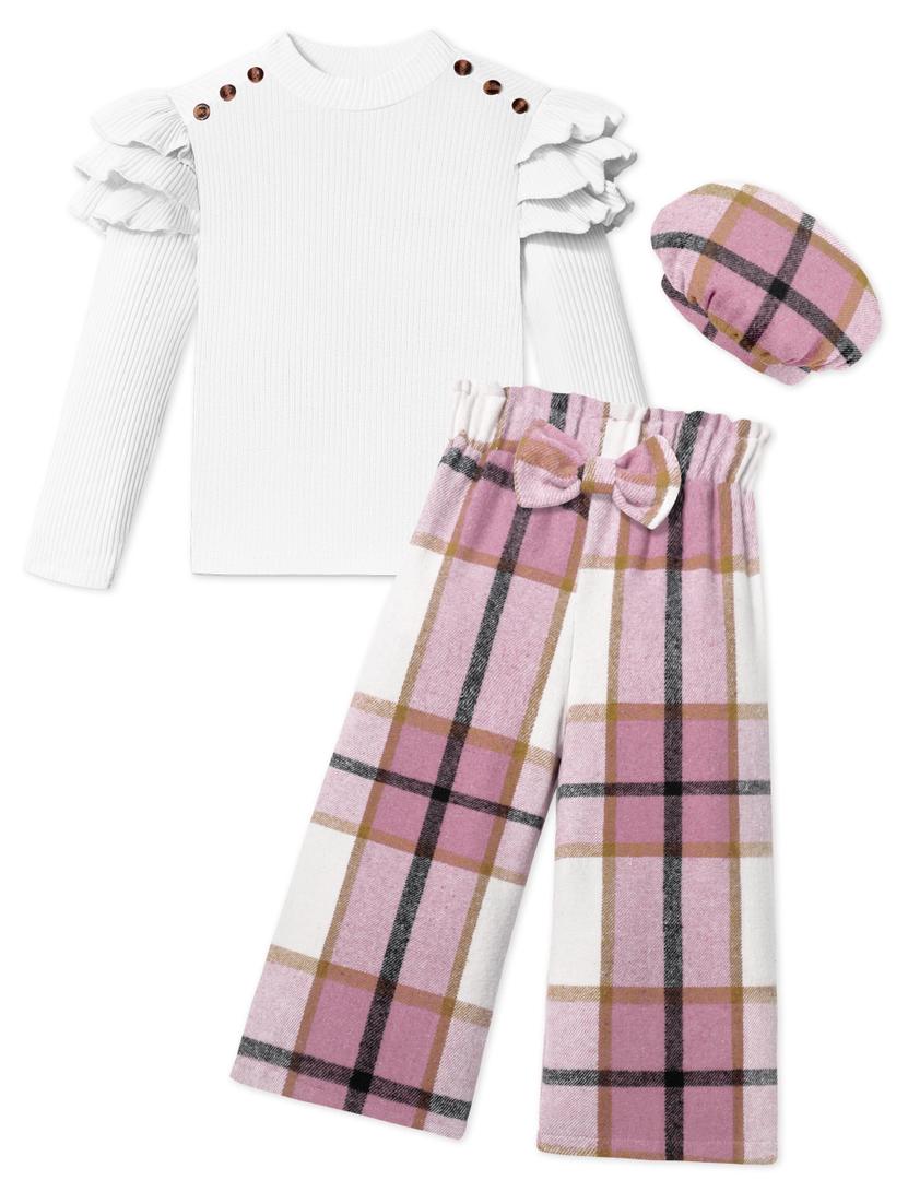 MIGU Girls Clothes Size 7-8 Kids Clothes Fashion White Long-sleeved Tops White and Pink Plaid Loose Straight Leg Pants Plaid Hat Girls Outfits Fall 3pcs