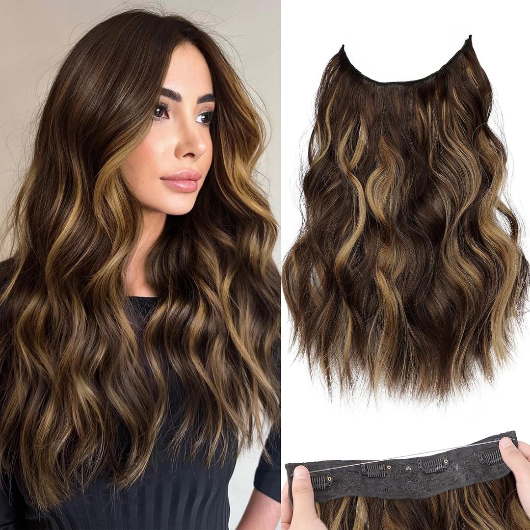 KooKaStyle Invisible Wire Hair Extensions with Transparent Headband Adjustable Size 4 Secure Clips Long Wavy Secret Wire Hairpiece for Women(16 Inch Chestnut Brown with Blonde Highlights)
