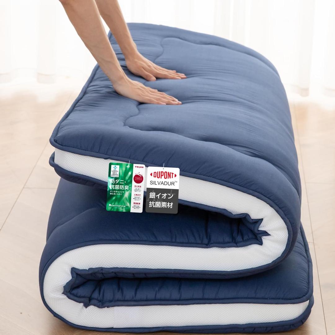 Japanese Floor Mattress, 4" Japanese Futon Mattress, Foldable & Portable Shiki Futon (shikibuton), Roll Up Thicken Sleeping Tatami Mat Sleeping Pad for Camping (Navy Blue, 39 x 80)