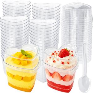 60 Pack Heart Shaped Dessert Cups with Lids and Spoons,5 oz Mini Plastic Dessert Shooter Cups,Clear Plastic Appetizer Cups for Valentine's Day,Party Appetizers,Ice Cream,Mousse,Pudding and Fruit