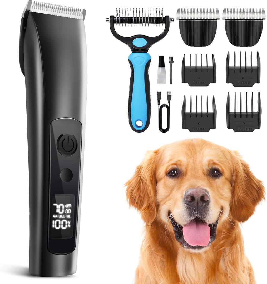 PAPMINI Dog Clippers for Grooming Thick Hair with Undercoat Rake, Low Noise Cordless Dog Grooming Kit with 2 Replacement Blade, Rechargeable Cat Shaver Timmer for Pets (Glossy black)