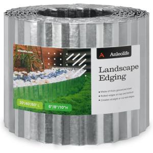 A ANLEOLIFE 40FT Galvanized Steel Landscape Edging Roll, 10" Tall Sturdy Flexible Corrugated Metal Lawn Border for Garden, Pathway & Flower Beds, Silver