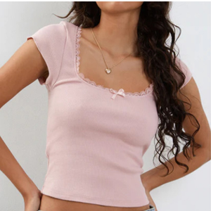 Multitrust Women Square Neck Shorts Sleeve Cropped T Shirts Slim Fit Lace Trim Crop Top Y2K Ribbed Shirt Going Out Tops Tee (Pink, M), Medium