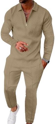 UOUA Mens 2 Piece Set Casual Outfits Polo Long Sleeve Shirt & Pants Tracksuit Loungewear Athletic Jogger Sweatsuit Size M
