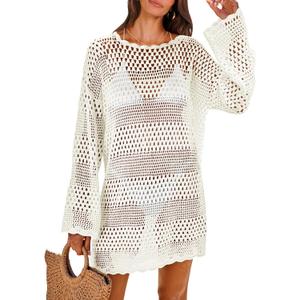 ANRABESS Women Swimsuit Crochet Swim Cover Up 2026 Summer Bathing Suit Swimwear Mesh Knit Beach Dress Vacation Outfits Cream White Large