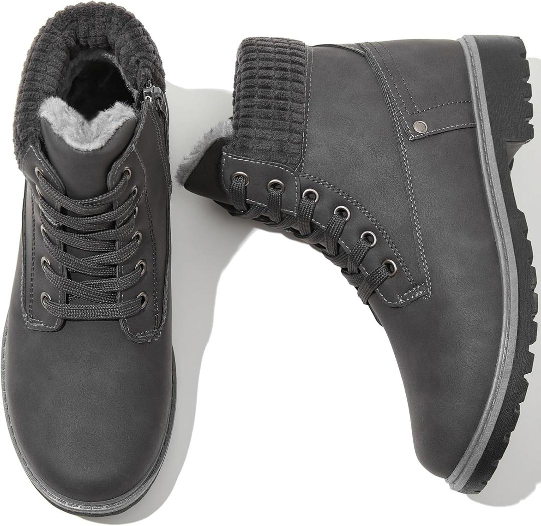 POVOGER Womens Black Ankle Boots White Winter Boots Fuzzy Boots Combat Boots Snow Booties with Side Zipper(Dark Grey,US09) (Gray)