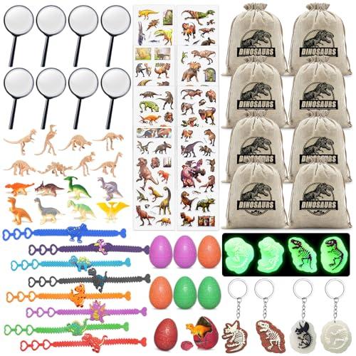 FEMBW Dinosaur Party Favors for Kids,Dino Birthday Toys with Hatchable Eggs,Glow-in-the-Dark Keychains, Skeleton Models,3D Stickers & Magnifying Glass – Dinosaur Themed Party Toys for Boys & Girls