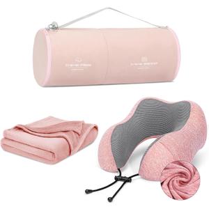 Neck Pillow and Blanket Set Travel Pillows Travel Essentials for Airplane Pink (C-pink)