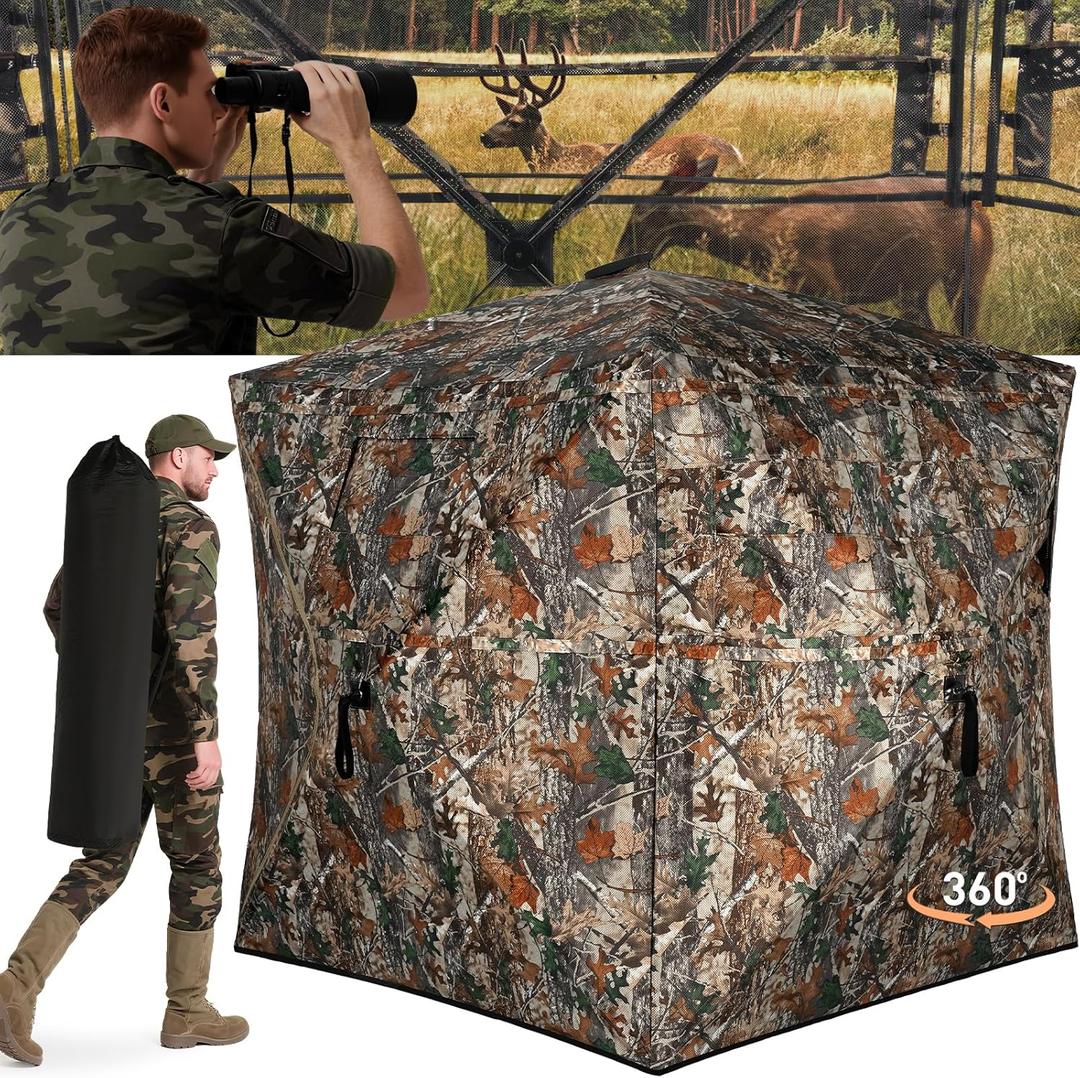 TLC Sport Hunting Blind with Carrying Bag, 270/360 Degree See Through Ground Blind, Pop Up Hunting Blind Portable Concealed Camouflage Tent for 2/3/4 Person, Camouflage
