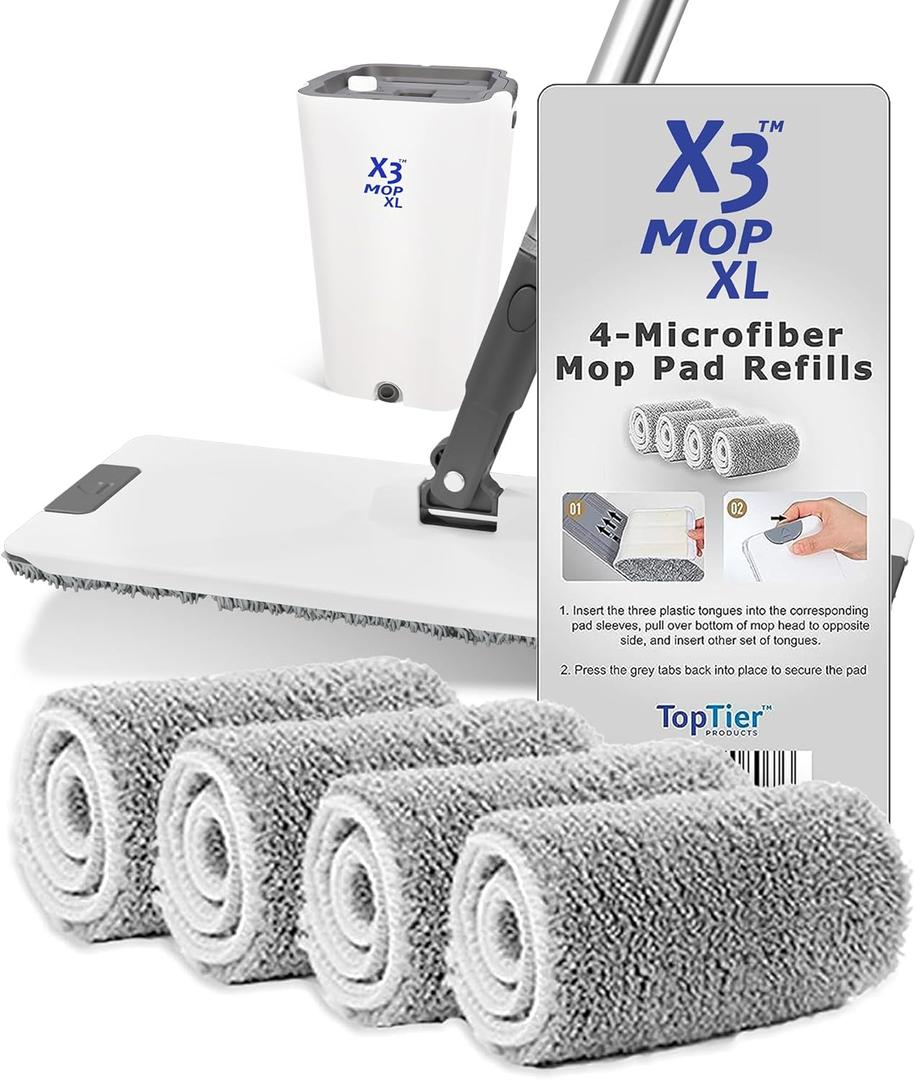 X3 Mop XL Replacement Microfiber Cleaning Pads, 4 Pack of Reusable Flat Mop Heads. (Pads fit X3 Mop XL Only)