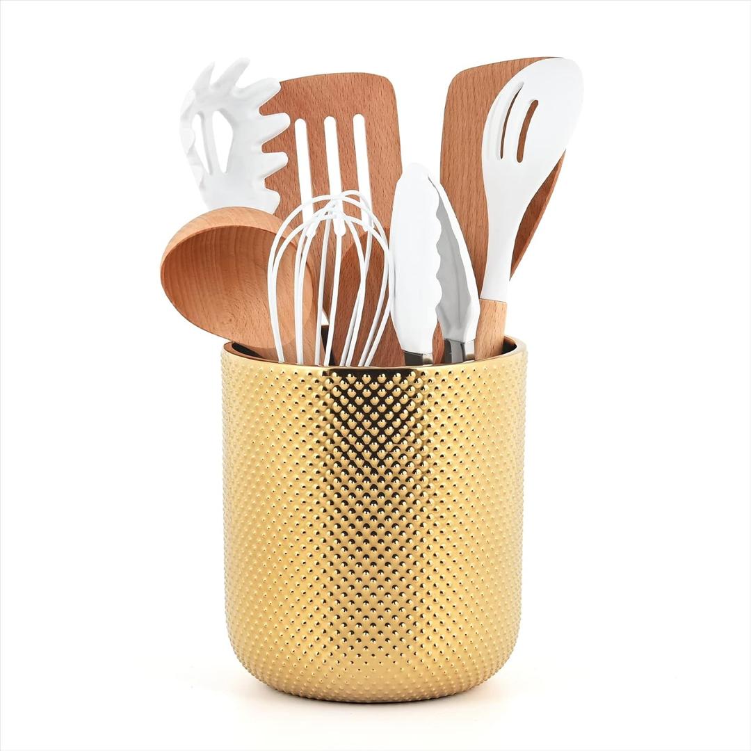Ceramic Utensil Holder for Kitchen Counter, Gold Utensil Holder for Countertop, 5.1 W x 6.6 H inches