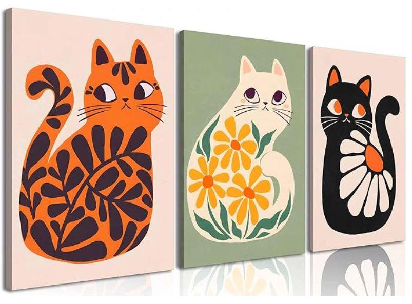 3Pcs Boho Cats Canvas Wall Art Mid Century Modern Cats Prints Vintage Retro Cats Paintings Cute Plant Animail Posters Pictures For Living Room Bedroom Bathroom Wall Decor Framed
, Size 16x24inch