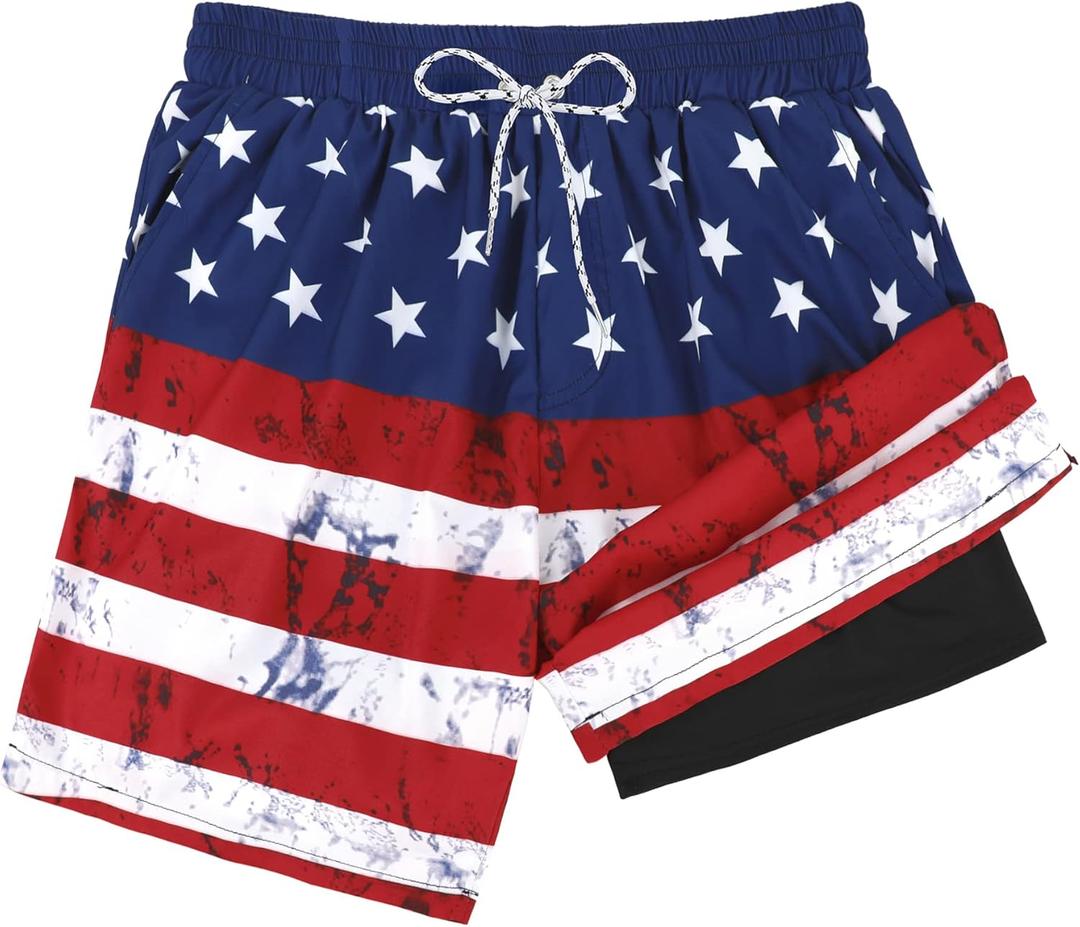 American Trends Men's Swim Trunks Board Shorts Quick Dry Mens Swimming Trunks with Compression Liner (Large, F American Flag)