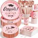 Ecomore Graduation Decoration Class of 2026 Pink Graduation Decoration 350 PCS - Rose Gold Grad Party Supplies Disposable Dinnerware (Serves 50) Paper Plates Cup Napkin Fork Knife Spoon (Pink & Black)