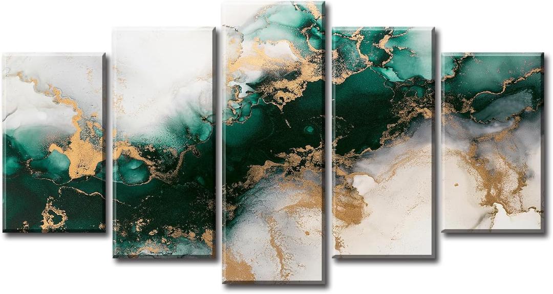 5 x 5 Piece Canvas Wall Art Prints - Large Framed Green Abstract Textured Art for Living Room, Emerald Green Gold Fluid Marble Decor - Modern Bedroom Office Decorations