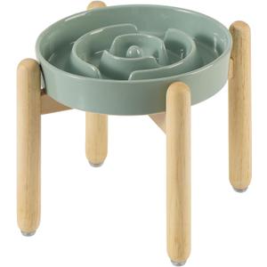 7.3inch Ceramic Raised Slow Feeder Dog Bowl Set, Elevated Wooden Stand for Medium and Small Dog, Puzzle Slow Dish, Preventing Choking(Light Green, Single Bowl+ Stand)