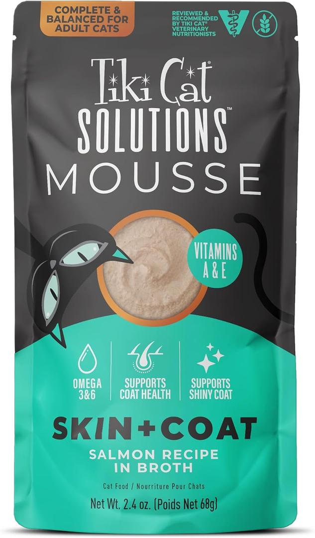 Tiki Cat Solutions Mousse Skin & Coat Mousse, Salmon Recipe, Specially Formulated with Omega Fatty Acids, Functional Wet Cat Food for Adult Cats, 2.4 oz. Pouch (12 Pack) (EXP 11/29/27)