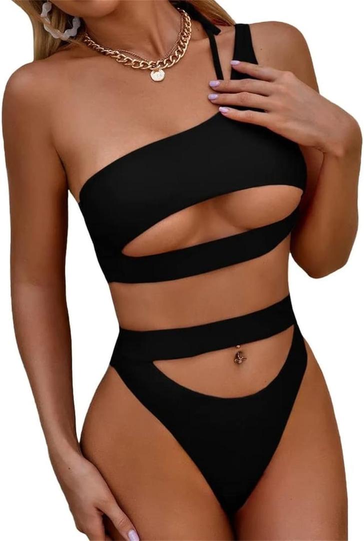 Lilosy Cutout One Shoulder High Waisted Cut Leg Thong Brazilian Bikini Swimsuit Set Women Cheeky Bottom Bathing Suit 2 Two Piece Knotted Black, Small