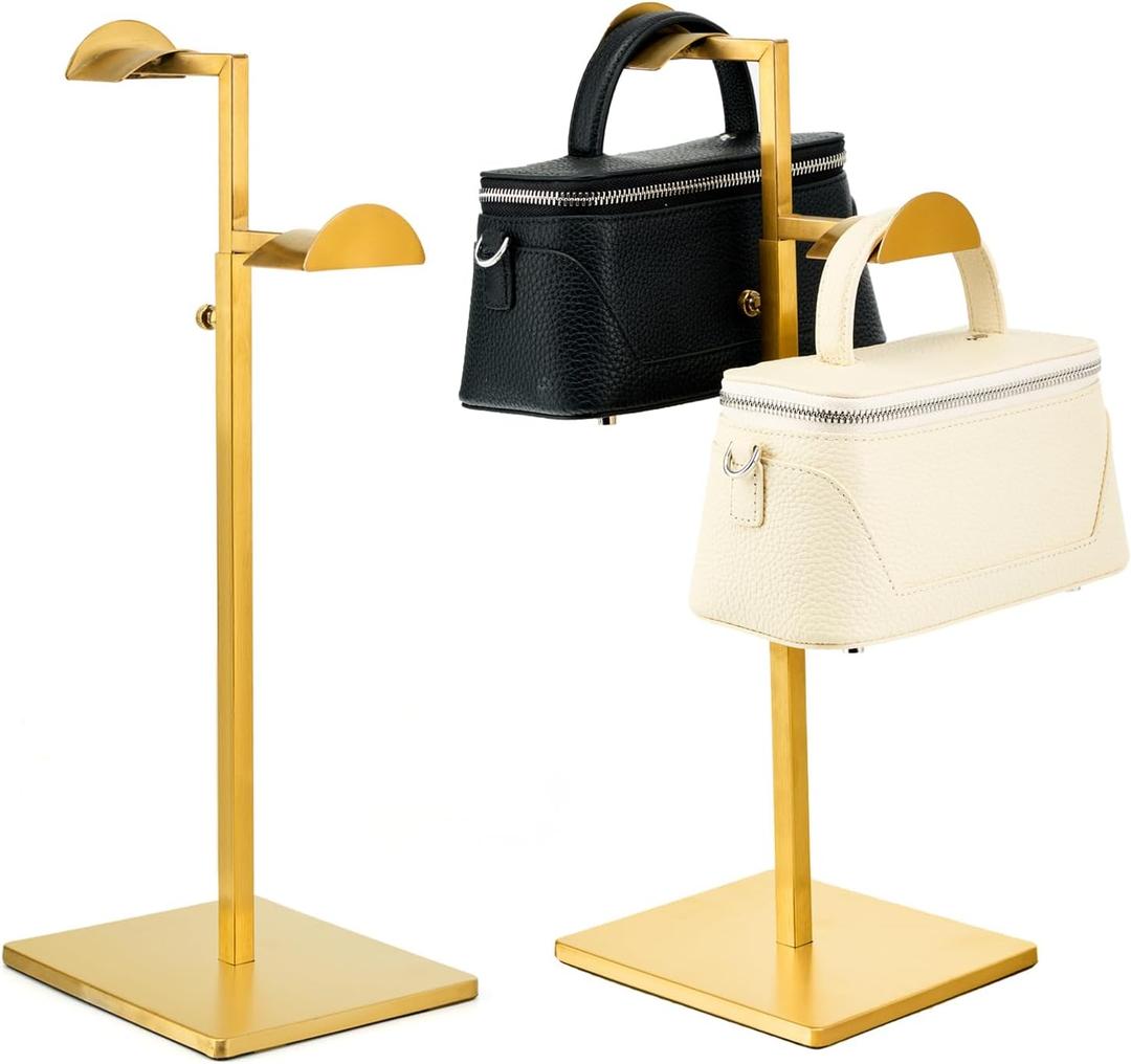 Two Tiers Handbag Display Stands - 2PCS Stainless Steels Purse Stand Holder Adjustable Height Purse Display for Retail Luxury Bag Organizer Home Store Boutique Retail Closet Gold Color