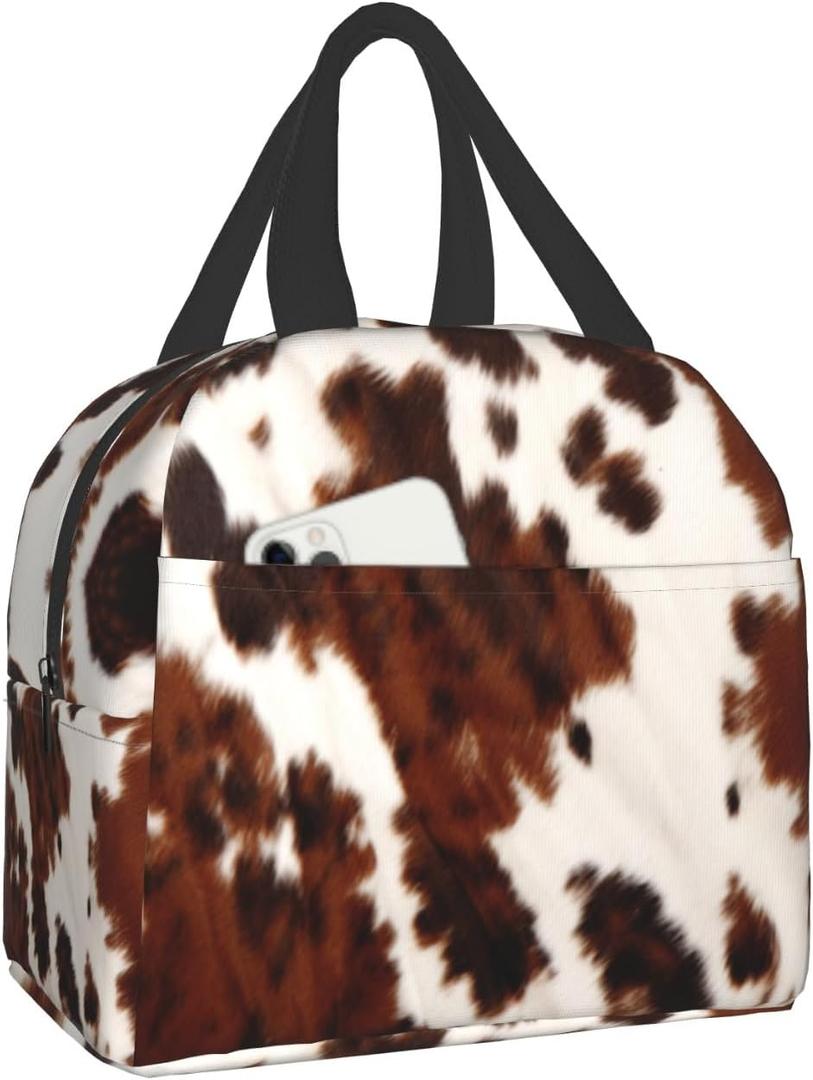 Nerxy Insulated Lunch Bag 8x5x8.5inch Cow Skin Print Lunch Box Abstract Africa Animal Farm Fashion Reusable Meal Portable Container Tote for Woman Men Kids Adults Work School Travel Office Picnic