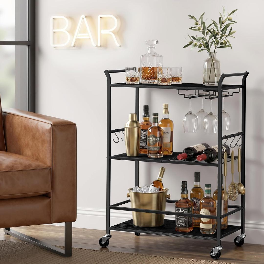 VASAGLE Bar Cart with Wheels, Drink Cart with Wine Rack and Glass Holder, 12.6"W