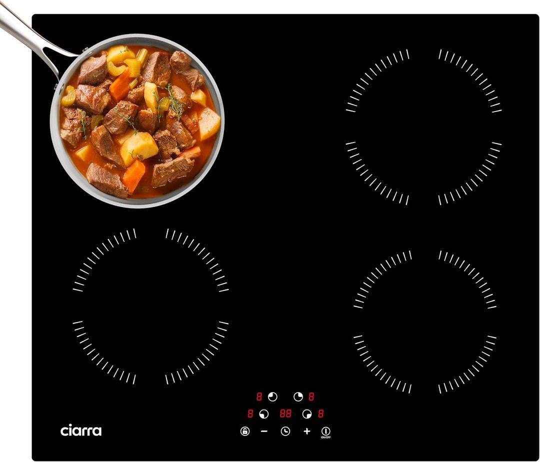 CDV 6000W Built-in Induction Cooktop 4 Burners, 24 Inch Electric Cooktop Touch Control Ceramic Glass Plate 9 Power Levels Fast Heating Safety Child Lock