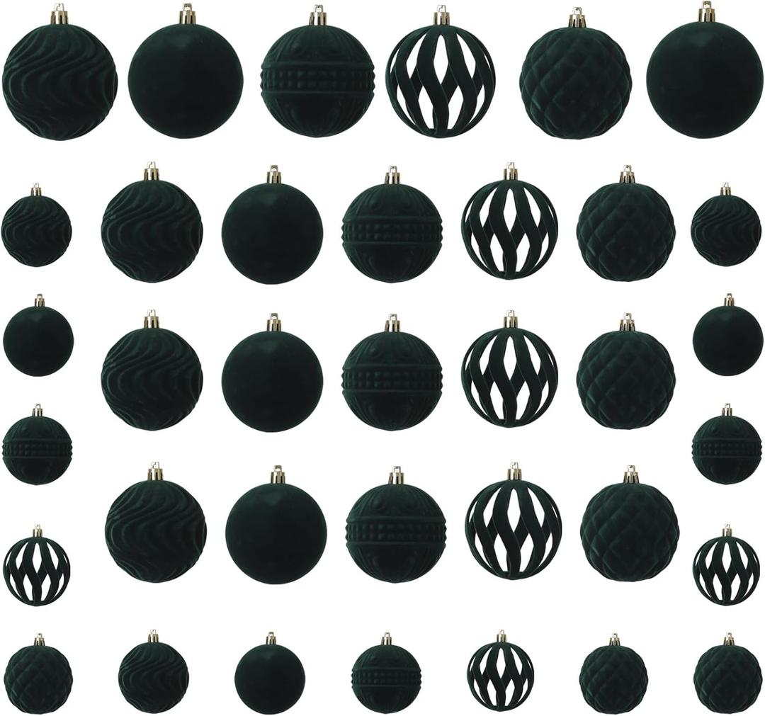 Senjie 2025 Velvet Christmas Ball Ornaments Sets 36pcs Flocked Christmas Ornaments Assortment Decor for Xmas Deep Green