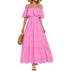 ZESICA Women's 2025 Summer Off Shoulder Ruffle Midi Dress Short Sleeve High Waist Hollow Out Embroidery Party Dresses, Medium