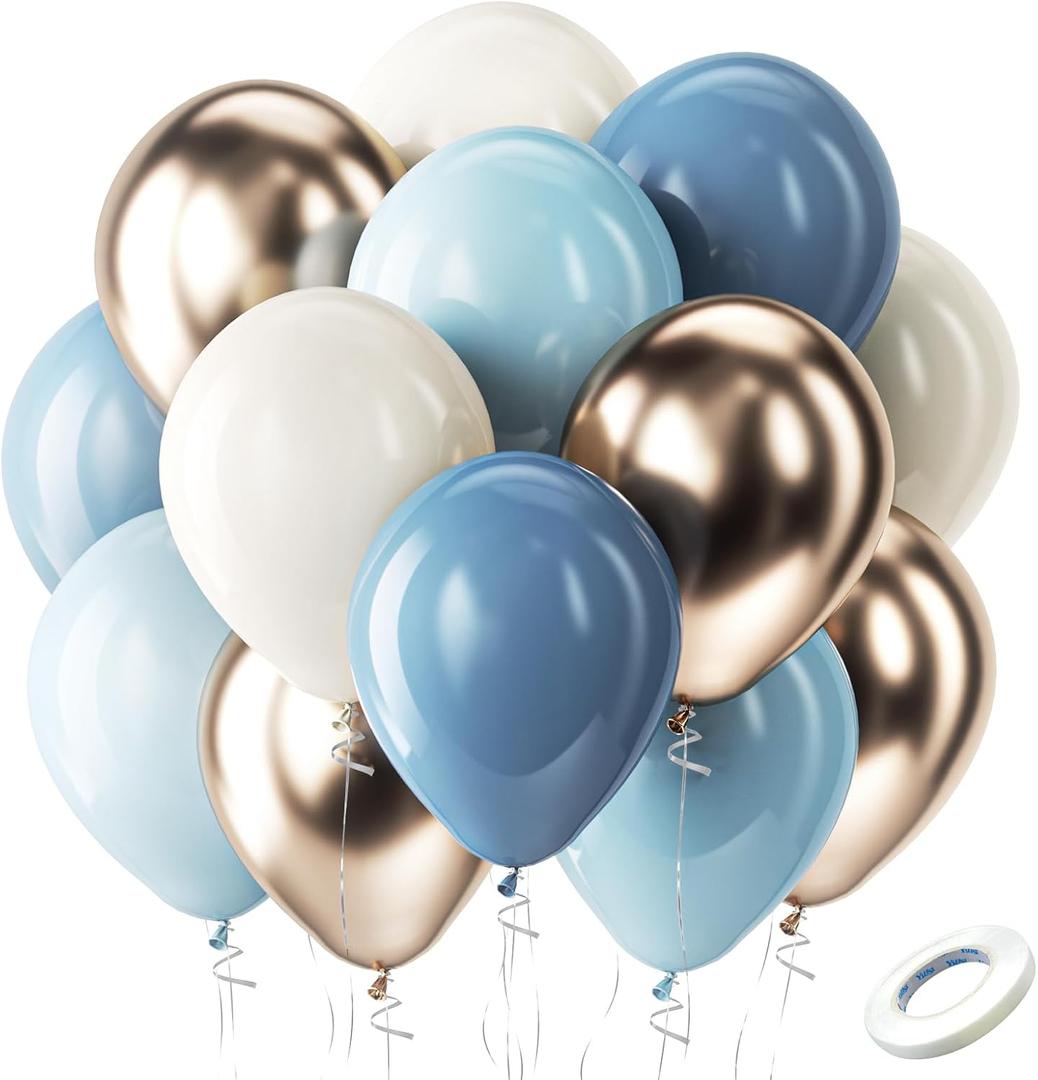 Bezente Dusty Blue Gold Balloons Kit, 60pcs 12 inch Dusty Baby Blue Sand White Champagne Gold Helium Latex Balloons for Baby Bridal Shower Gender Reveal Wedding Engagement Birthday Party Decorations