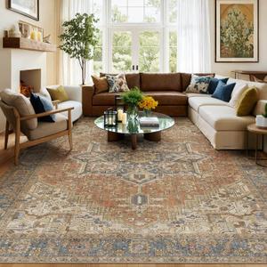 Kokia 10x14 Washable Area Rugs Terracotta with Vintage Orient Design, Soft Rug for Living Room or Bedroom, Non-Slip Low Pile Stain Resistance Features, Distressed Medallion Pattern