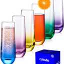 ColoVie Stemless Champagne Glasses Set of 6- Colored Champagne Flutes- Wedding Toasting Glass- Bridesmaid Gift- Mimosa Glass- Crystal Bar Glassware- Birthday Cocktail Party, 9.6oz