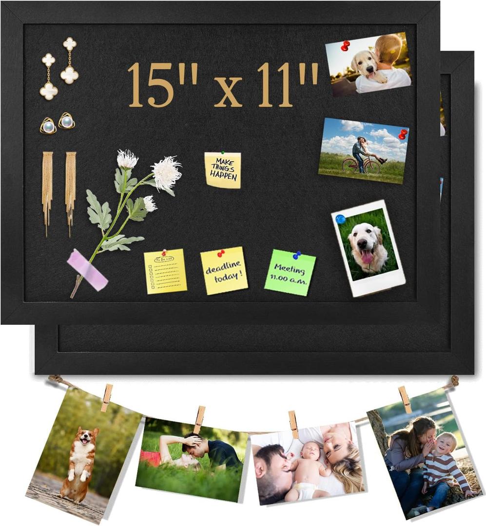 2PCS Black Bulletin Boards Cork Board with Felt, 15"x11" Small Display Pin Board Vision Board for Walls, Jewelry, Notes, Collection, Photos, Office, Wood Framed(Black) & Felt(Black), 2p