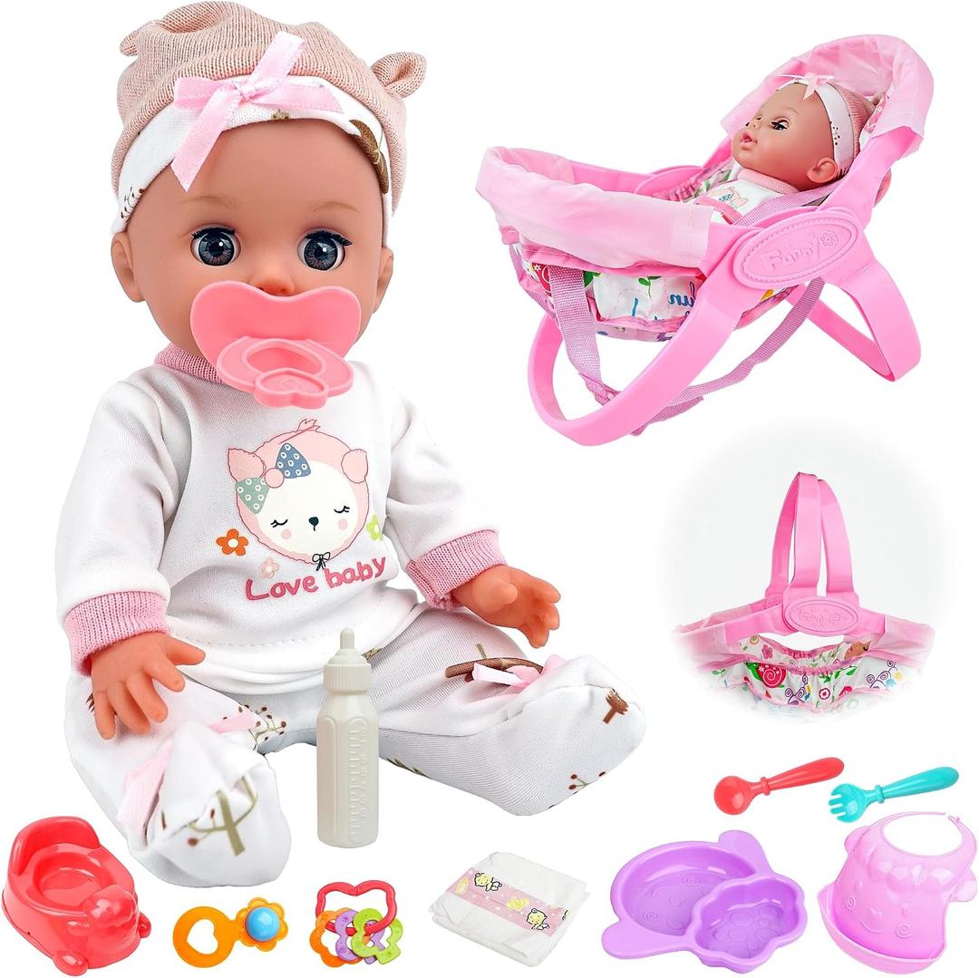 SMILESSKIDDO 14" Baby Doll with Washable Dolls Accessories, Lifelike Soft Babydoll Pretend Play Includes Carrier Bassinet Bed, Doll Clothes, Feeding Set, Gift Idea for Girls 1 2 3+ Year Old