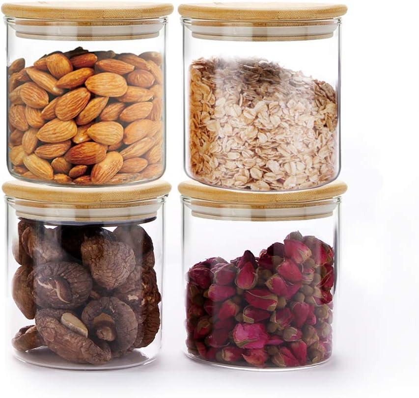 SIXAQUAE Glass Food Storage Containers Jar Seal Bamboo Lids 4 Packs 600ml Airtight Canister Organization Sets Stackable