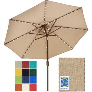EliteShade USA 10-Year-Non-Fading 9ft Market Patio Umbrella, Commercial Grade Table Sun Umbrella with 80 Solar LED Lights, Crank Open, Windproof & UPF 50+ UV Protection for Garden, Deck, Pool, Backyard, Heather Beige