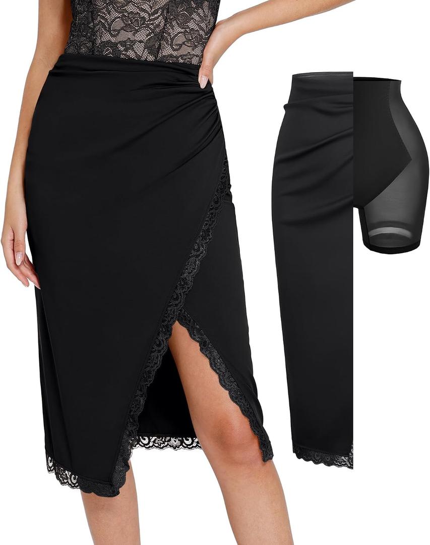 Popilush Midi Skirts for Women Lace Shapewear Split Satin High Waisted Bodycon Long Skirt Built-in Tummy Control (Black, L)