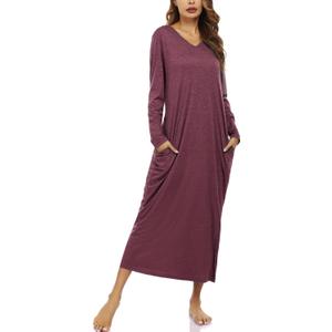 Marvmys Women Cotton Long Nightgowns Long Sleeves Nightshirts V Neck Full Length Sleep Shirts with Pocket (XL)
