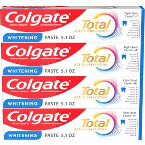 Colgate Total Whitening Toothpaste Paste, 5.1 oz, 4 Pack, Fluoride, Antibacterial, for Plaque, Gingivitis, Sensitivity, Stain Removal, Clinically Proven, Mint, Teeth Whitening, Stannous Fluoride