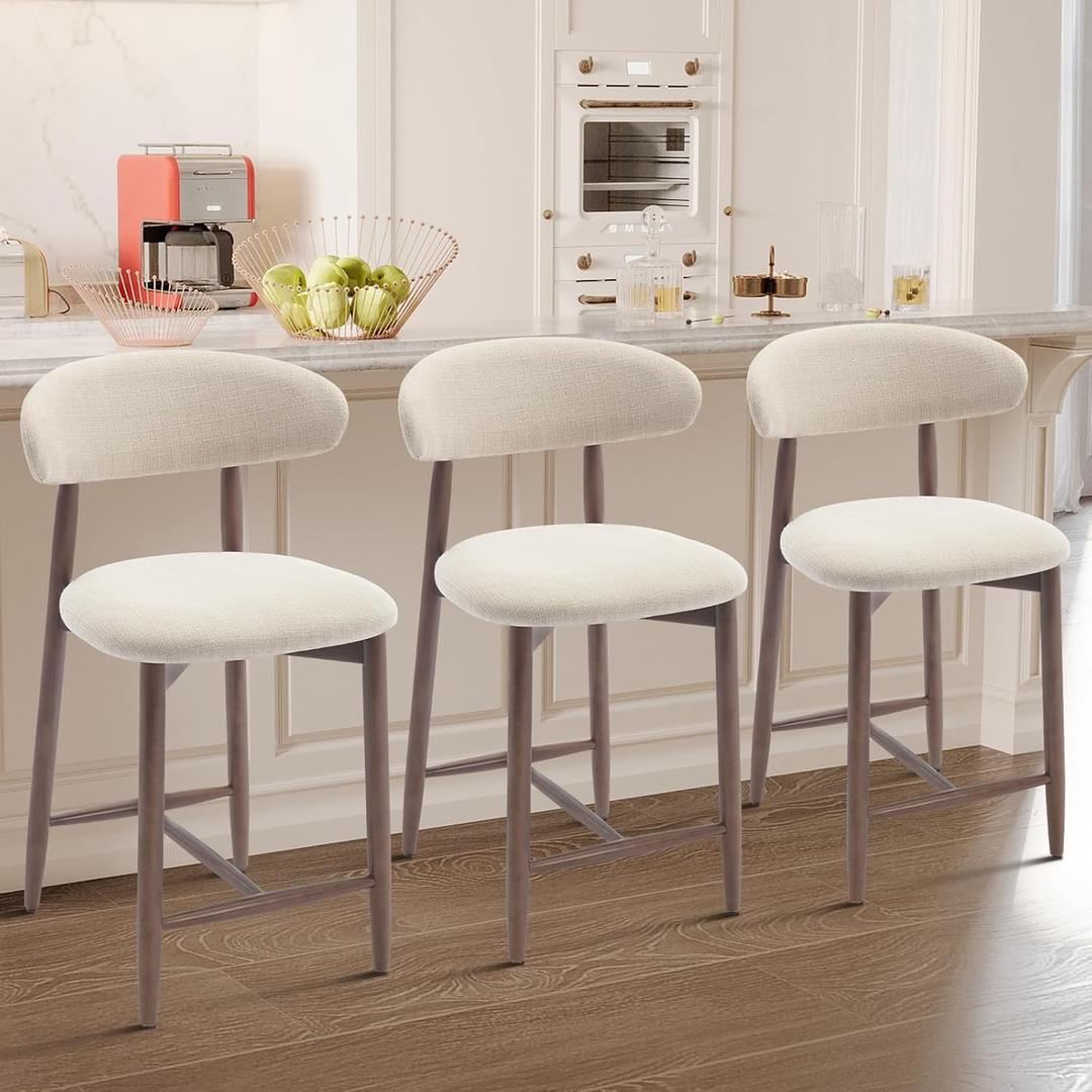 COLAMY Counter Height Bar Stools 1 Set  Upholstered Barstools with Back, Mid Century Modern Stools with Wood Legs for Kitchen Island Dining Room, Beige