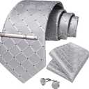 DiBanGu Mens Silk Necktie Solid Color Tie and Pocket Square Cufflink Tie Clip Set Woven Plain Ties for Men Wedding Party (Gray)