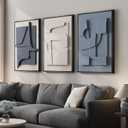 Large 3D Textured Framed Blue and White Abstract Wall Art, 3 Piece Modern Artwork for Walls, Minimalist Navy Blue Geometric Paintings for Living Room, Bedroom, Dining Room, Office Wall Decor 20x30 In