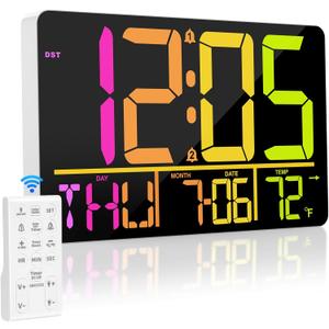 13" Large Digital Wall Clock with Remote, RGB Color Changing, 25 Ringtones, 0-100% Auto/Custom Brightness, Temperature, Calendar, 12/24H, DST, Timer, for Living Room/Bedroom/Office/Elderly