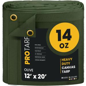 Heavy Duty 14 OZ Water Resistant Canvas Tarp, UV Resistant Tarpaulin Cover with Rustproof Brass Grommets, Multipurpose for Canopy, Roof, Camping, Woodpile (Olive 12'X20')
